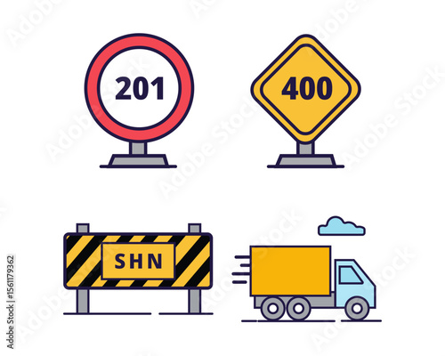 Flat vector icon set featuring road signs 201 and 400, a SHN barricade, and a fast-moving cargo truck. Ideal for education, games, or traffic illustrations.