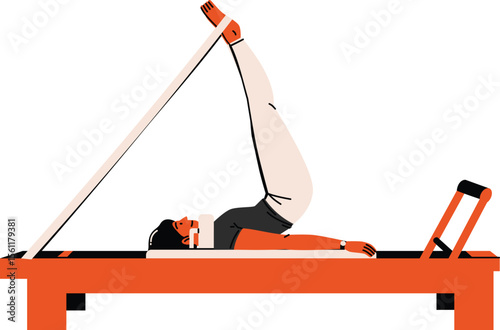 Woman performing leg lifts using reformer straps, perfect for fitness blogs and pilates studios.