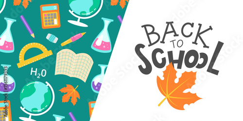 Cheerful Back to School banner with vibrant school supplies and autumn elements, perfect for promotional designs.