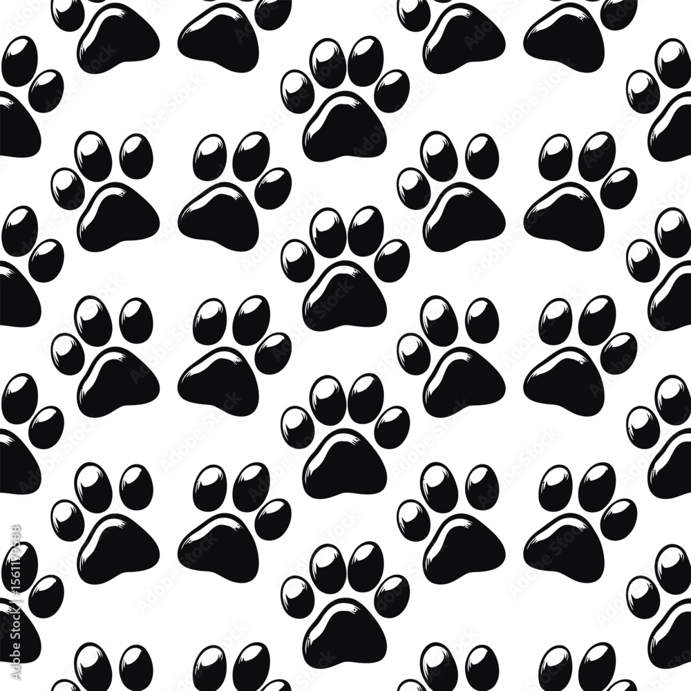 Fototapeta premium Silhouette vector paw print pattern design with shiny cartoon texture and white background for pet fabric use