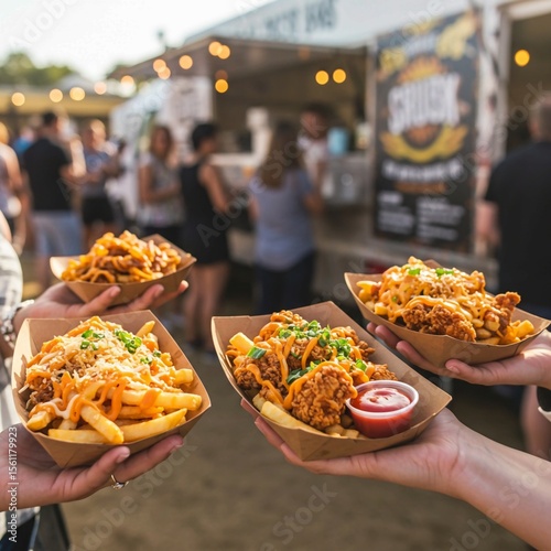 hand holding a tray of food, Delicious food truck feast urban street culinary experience vibrant environment close-up view food and flavor exploration