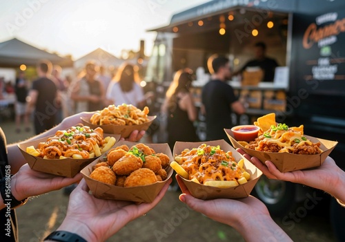 a man holding a sandwich, Delicious food truck feast urban street culinary experience vibrant environment close-up view food and flavor exploration