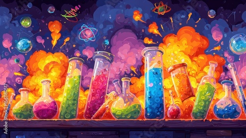 Bright science lab cartoon background with test tubes, glowing liquids, DNA icons and funny explosion effects
