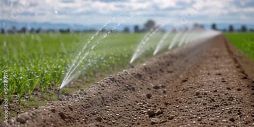 Sprinklers watering crops in a commercial farm - agriculture and acreage farming in an outdoor field