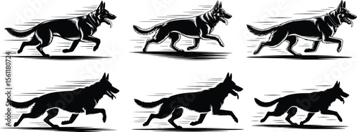 Silhouette vector collection of german shepherds running in motion with speed lines and stylish bold profile