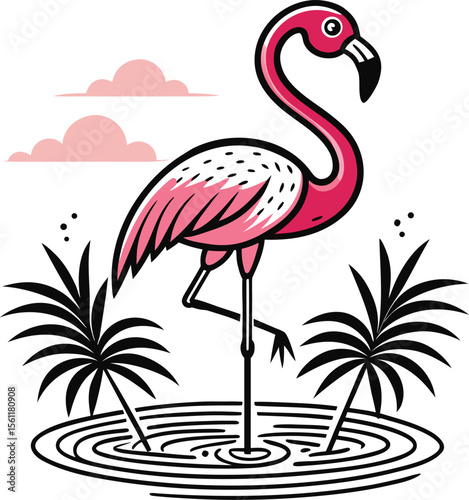 : tropical flamingo standing near water ripple si.eps