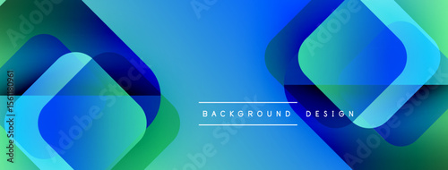 Abstract geometric shapes overlap, creating vibrant blue, green gradients. Modern design features text background, design. Smooth transitions dominate composition.