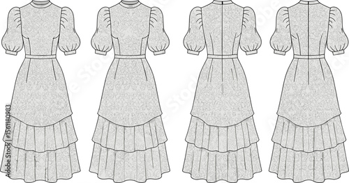 Elegant puff sleeve tiered dress fashion flat sketch, front and back views, technical garment design, vector illustration template flat vector illustration