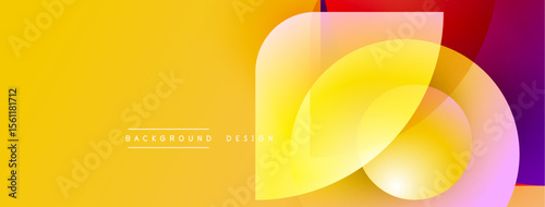 Bright yellow background features overlapping translucent shapes. Gradient colors include orange, red, purple. Text reads background design. Modern, abstract composition.