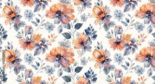Bright Watercolor Floral Pattern with Delicate Leaves, Seamless Design