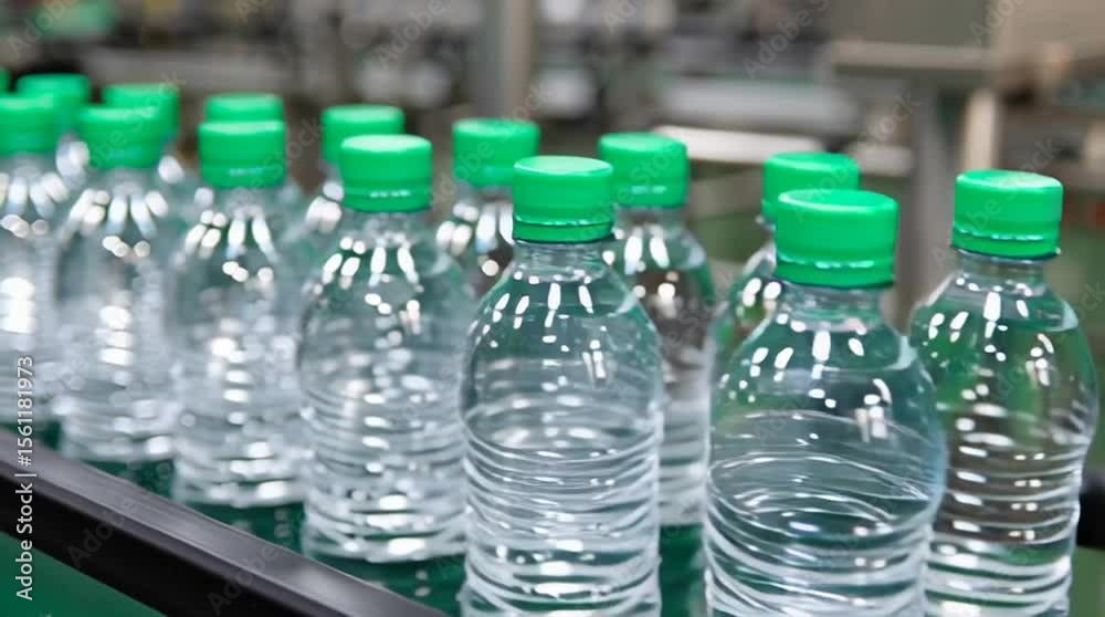 A bottle processing plant with conveyor belt to fill, label, and distribute large volumes of product for sale A bottle processing plant with conveyor belt to fill, label, and distribute large volumes of product for sale