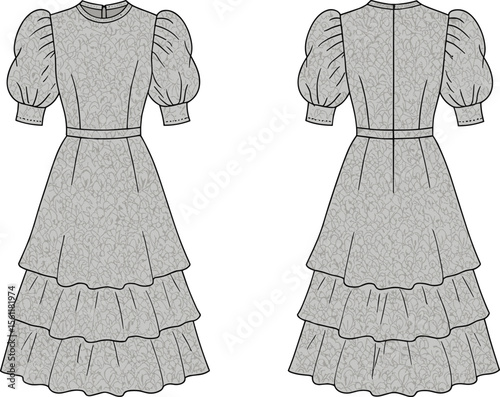 Elegant layered puff sleeve dress fashion sketch, tiered ruffle design, technical garment drawing, back zipper, stylish women’s clothing illustration flat vector illustration