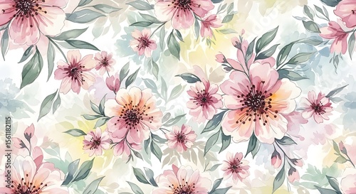 Bright Watercolor Floral Pattern with Delicate Leaves, Seamless Design
