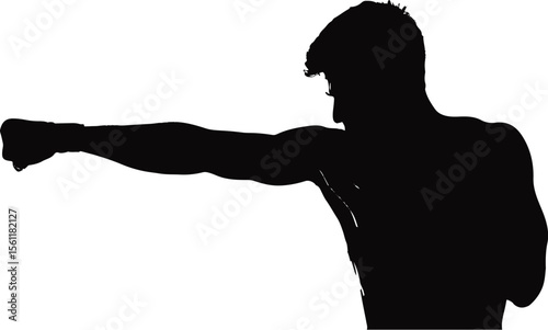 Silhouette of a boxer throwing a punch in athletic pose isolated on white background