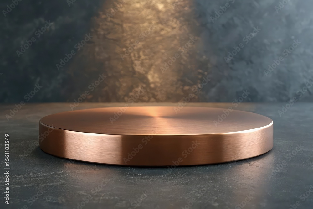 Polished copper pedestal on a textured dark surface with dramatic lighting Polished copper pedestal on a textured dark surface with dramatic lighting