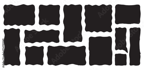 Hand drawn grunge textured text box frames set with uneven rough jagged edge. Ink pen rectangles squares circles ovals collection. Retro vintage aged distressed vector banners borders black templates 