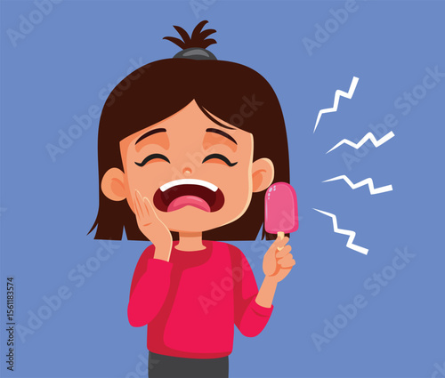 Girl Eats a Cold Ice Cream Getting a Toothache Vector Illustration. Unhappy little kid suffering after licking a frozen treat

