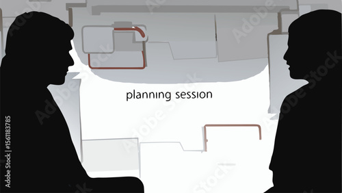 Two silhouetted figures facing a planning session diagram with red lines and white rectangles shown