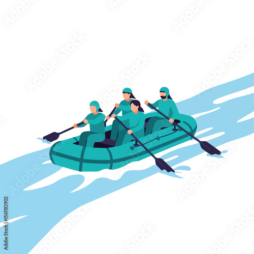 vector of rafting team sailing through river rapids with their rafts cutting through the water. Suitable for adventure travel brochures or websites