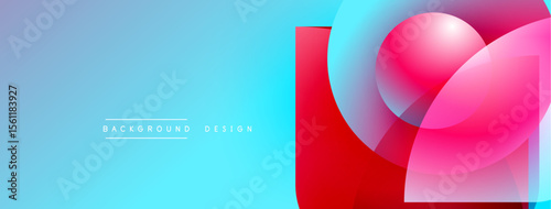 Abstract geometric shapes overlap. Blue gradient background complements vibrant red, pink elements. Modern design for digital use.