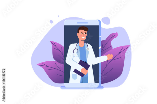 Medical online conference, Doctor Distant online  consultation concept.  Flat Vector Illustration