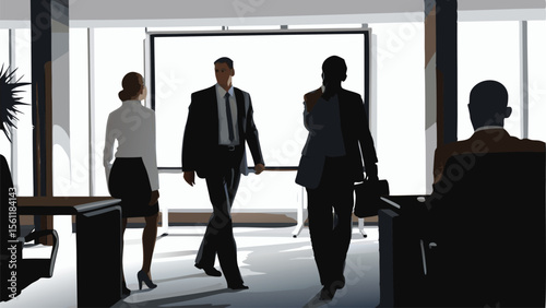 Business professionals walking in office with a presentation screen and seated colleague in foreground
