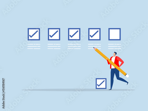 checking the list,businessman expert holding pencil tick all completed task checkbox,Getting things done, completed tasks achievement or project progression concept vector