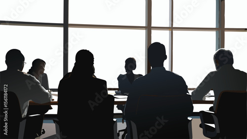 Silhouetted figures at a meeting table with a large window providing a bright background light source