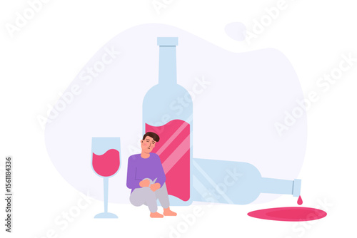 Alcohol addiction concept  with male character. Vector illustration.