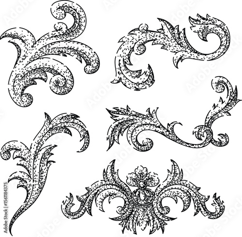 baroque victorian border set sketch hand drawn black