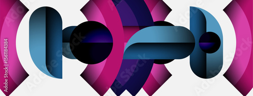 Abstract design features layered shapes, vibrant colors. Pink, blue, purple hues create dynamic visual effect. Modern, geometric composition.