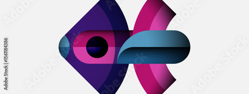 Abstract design features overlapping shapes, vibrant colors. Purple, pink, blue create dynamic composition. Modern, minimalist aesthetic.