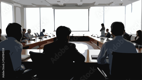Group of people sitting around a conference table in a bright room with a projection screen shown