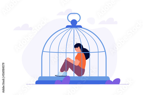 Restrictions on freedom concept. Sad woman locked in a cage. Vector illustration.