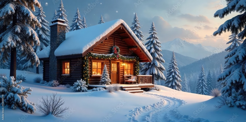 Naklejka premium A cozy cabin nestled in a snowy winter landscape, perfectly decorated for a reserved holiday The scene evokes peace and tranquility, ideal for a relaxing getaway , relaxation, decorations