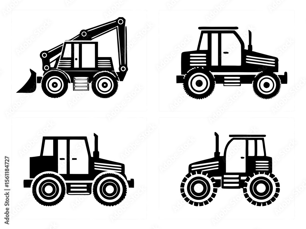 Fototapeta premium Collection of four black and white silhouette illustrations of construction vehicles