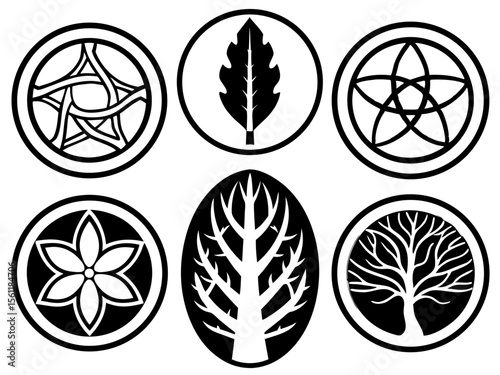 Collection of six circular black and white nature and mystical symbols