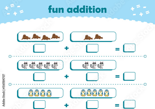 Game for children fun addition by counting cute wild animals pictures printable worksheet vector
