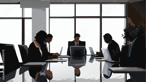 People in suits sitting around a conference table with laptops in a bright office setting at a meeting
