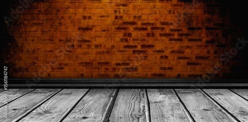 Fototapeta Naklejka Na Ścianę i Meble -  Gray wooden shelf on brown brick wall