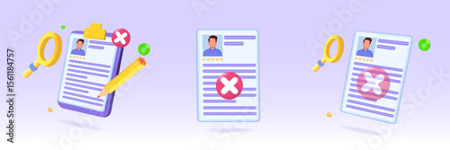 CV reject, refusal to grant a  job icon . 3d realistic vector illustrations set, collection.