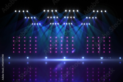 Overhead spotlights and LED panels are casting beams on reflective stage floor in flat design