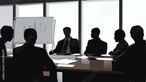 A business meeting with several people sitting around a table with a whiteboard in the background area