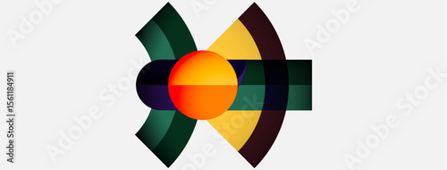 Abstract design features colorful arcs surrounding central orange sphere. Composition evokes dynamic energy, modern aesthetic.