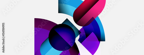 Abstract shapes overlap, creating vibrant color gradients. Composition feels modern, dynamic, visually interesting. Smooth transitions dominate design.
