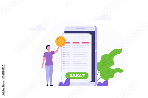 Online zakat payment concept, Pay zakat using a smartphone concept. Cartoon Flat Vector illustration for banner, website, landing page, flyer.