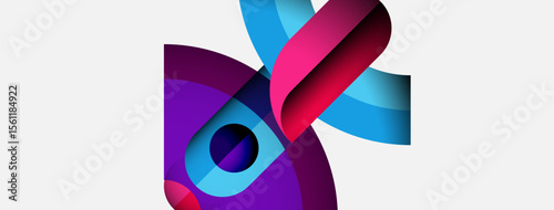 Abstract design features vibrant ribbons, circles. Purple, blue, pink hues blend, creating dynamic visual impact. Modern, flowing shapes suggest movement.