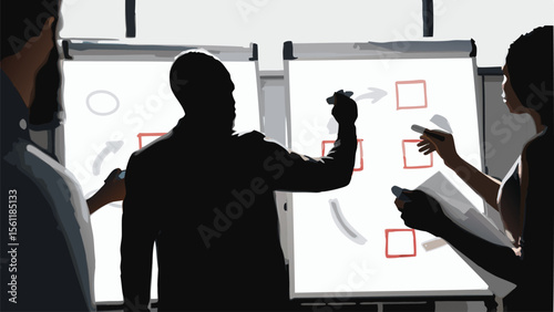 People collaborating on a whiteboard with diagrams and arrows in a business meeting setting at work