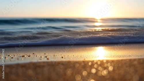 Golden hour seascape with shimmering sunlight reflecting on wet sand and ocean waves. Abstract bokeh effect in the foreground adds depth and warmth to the coastal scene