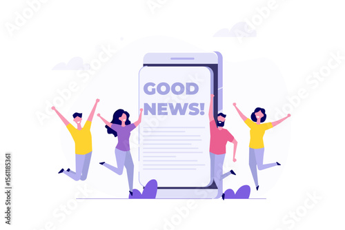 People getting good news concept, positive information from phone. Flat vector illustration